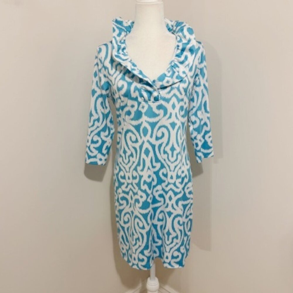 Gretchen Scott Ruffneck Arabesque Dress Sky Blue & White Women's Size S